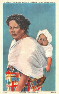 NC North Carolina CHEROKEE INDIAN MOTHER~BABY Native Americana c1940's Postcard