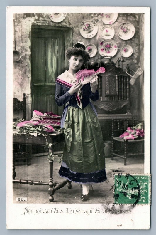 APRIL FOOLS' DAY FRENCH ANTIQUE REAL PHOTO POSTCARD RPPC GIRL w/ FISH on KITCHEN