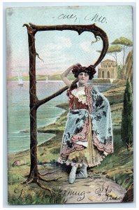 c1910's Pretty Girl Large Letter P North Topeka Kansas KS Antique Postcard