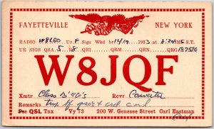 1934 QSL Radio Card Code W8JQF Fayetteville NY Amateur Station Posted Postcard