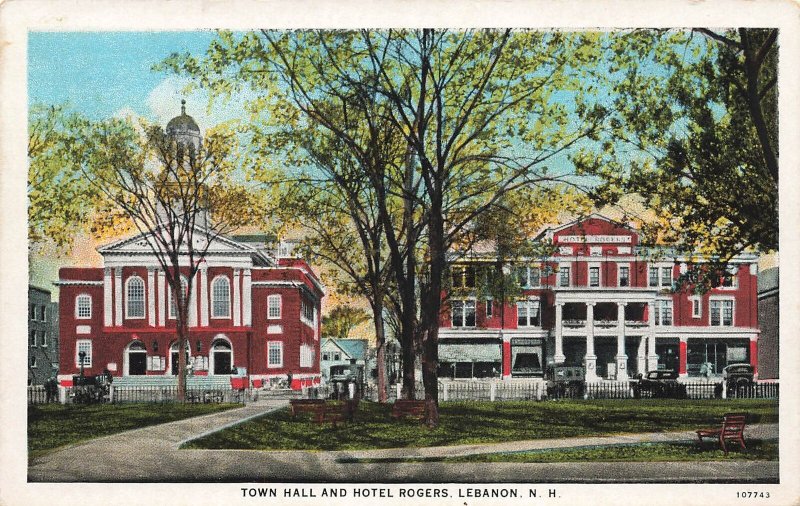 Postcard Town Hall and Hotel Rogers Lebanon N.H Vintage White Border Unposted 
