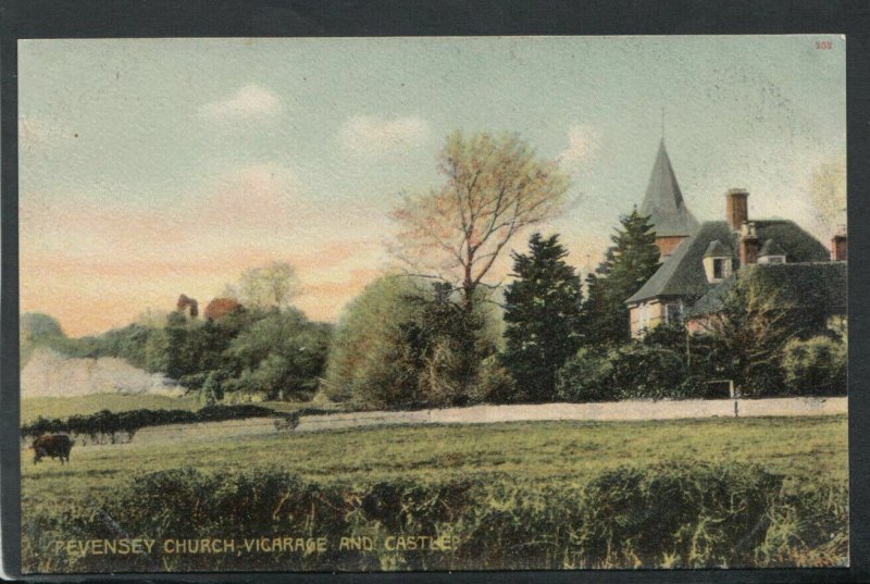 Sussex Postcard - Pevensey Church, Vicarage and Castle     RS18404 