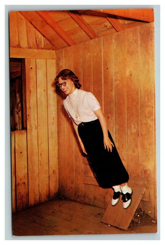 Vintage 1950's Postcard Girl in Saddle Shoes Mystery Spot St. Ignace Michigan