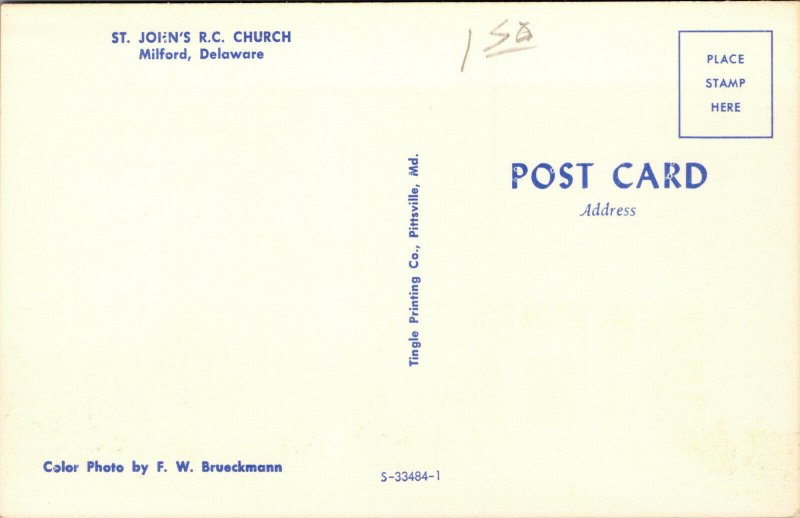 Vtg St Johns Roman Catholic Church Milford Delaware DE Unused Postcard