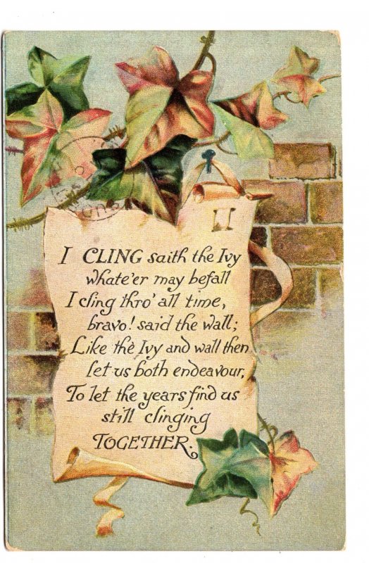I Cling With the Ivy, Romantic Greeting Postcard Used 1915 Sudbury, Ontario