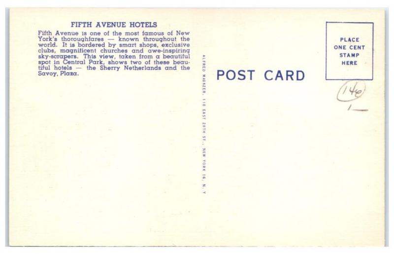 Mid-1900s Fifth Avenue Hotels, Sherry Netherland & Savoy-Plaza, NYC, NY Postcard