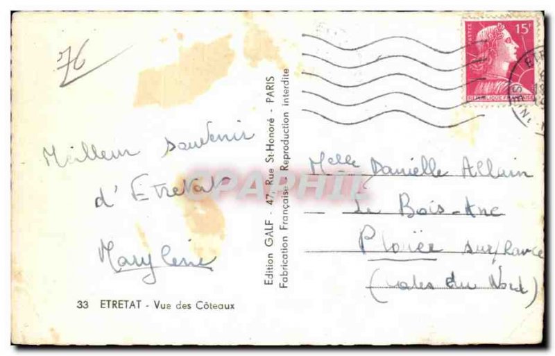 Old Postcard Etretat Coteaux View