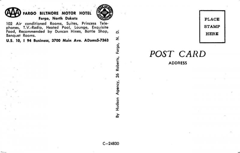 FARGO BILTMORE MOTOR HOTEL North Dakota Roadside ca 1960s Vintage Postcard