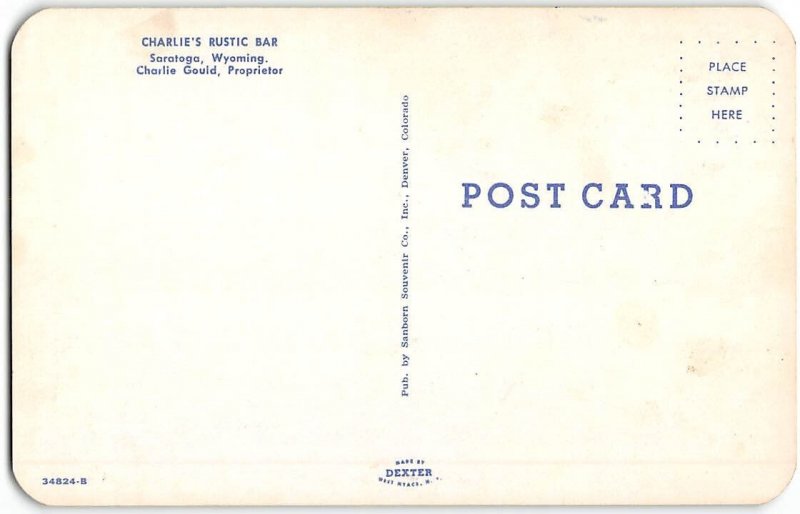 CHARLIE'S RUSTIC BAR Saratoga, Wyoming Saloon Interior 1950s Vintage Postcard