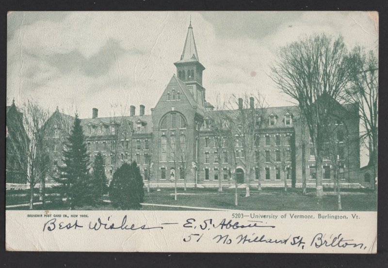 Vermont BURLINGTON University of Vermont by Souvenir Post Card Co. pm1905 Und/B