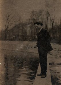 c1920 GENTLEMAN FISHING IN SUIT WITH HAT PHOTO CYKO RPPC POSTCARD 44-195