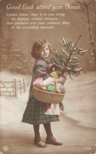 MERRY CHRISTMAS Girl & Xmas Tree ca 1910s Hand-Colored Greetings Postcard