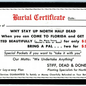 1960s Comic Advertising Burial Certificate Funny Florida Dead Postcard Plant A25