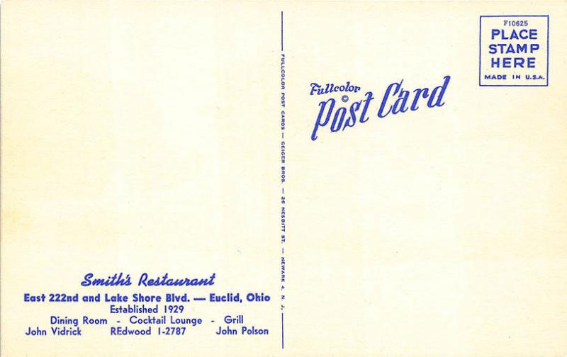 Euclid OH Smith's Restaurant Cocktail Lounge Old Cars Postcard