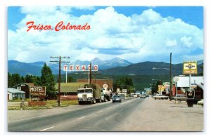 Postcard Frisco Colorado Street Scene Texaco Pepsi & Conoco Signs Old Cars