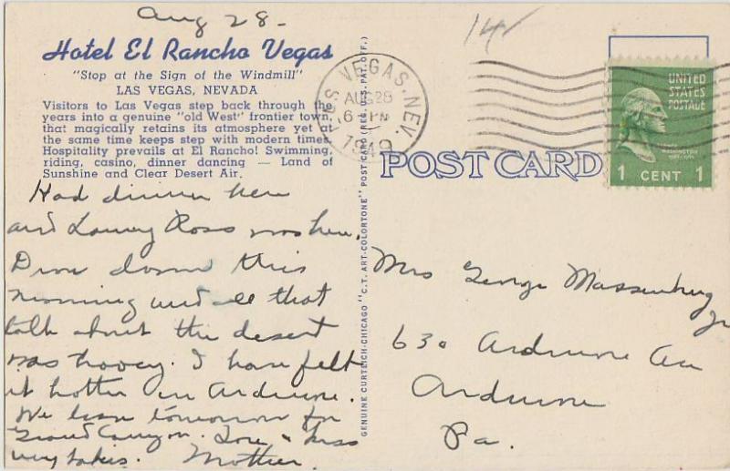  Las Vegas, Nevada Hotel El Rancho Vegas linen 1949 Postcard 