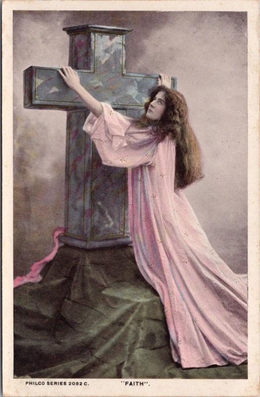 Faith Woman in Pink Cross Religion Philco Series 2082C Postcard E31