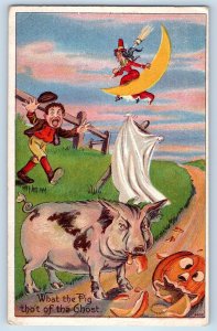 1909 Halloween Witch Crescent Moon Hog Eating Pumpkin JOL Embossed Postcard