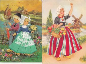 Dutch types drawn lovely children material fabric & velvet novelty postcards 