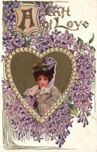 Vintage Postcard 1910's A Gift of Love Victorian Lady in Heart Flowers Artwork