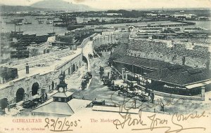 c1905 Postcard; Gibraltar, View of The Markets, Horsedrawn Wagons, posted