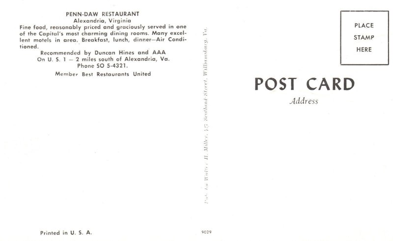 Vintage Postcard Penn-Daw Restaurant Fine Food Dining Rooms Alexandria Virginia