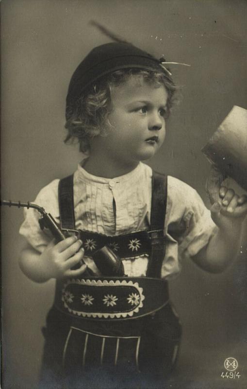 Curly Young Edwardian Boy in Lederhosen Smoking Tobacco Pipe (1910) RPPC