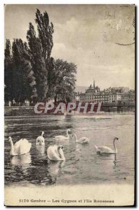 Old Postcard Geneva Swans and Rousseau island Swans