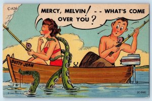Humor Girl Fishing Octopus Melvin What's Come Over You Betty Jane Boat Postcard