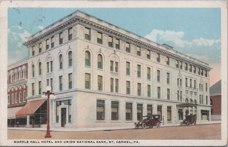 Postcard Marble Hall Hotel and Union National Bank Mt Carmel PA