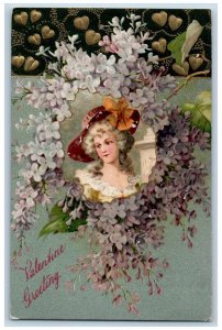 Valentine Postcard Greeting Pretty Woman Curly Hair Flowers Winsch Back Embossed