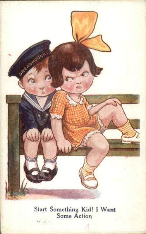 Cute Kids Little Girl Bully - Boy in Sailor Hat DREADNOUGHT c1920 Postcard