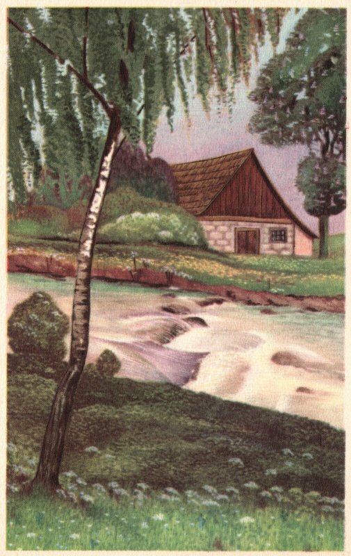 Vintage Postcard Nature View House Stream & Trees Artwork