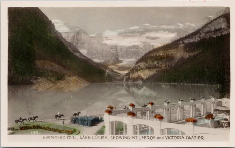 Lake Louise Alberta Mt Lefroy Victoria Glacier People Horseback RP Postcard H43