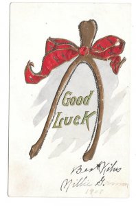 Good Luck Postcards Wishbone Horseshoe Rabbits Foot Red Bow