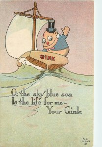 Signed Artist Postcard George Brill Gink Anthropomorphic Egg Person SaIling Boat