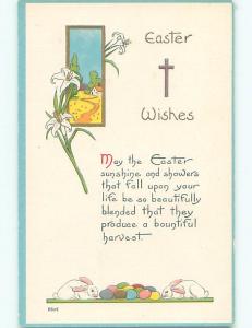 Unused Pre-Linen easter BUNNY RABBITS SNIFF AT COLORFUL EGGS k2126