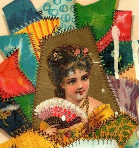 1880s Victorian Trade Card Quilt Squares Lovely Lady & Fan #5M