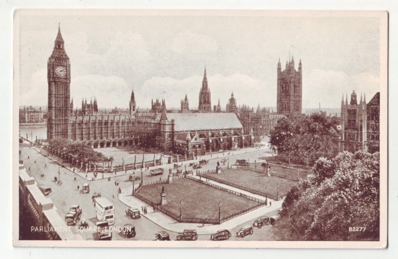 P1200 old postcard birds eye view old cars parliament square london england