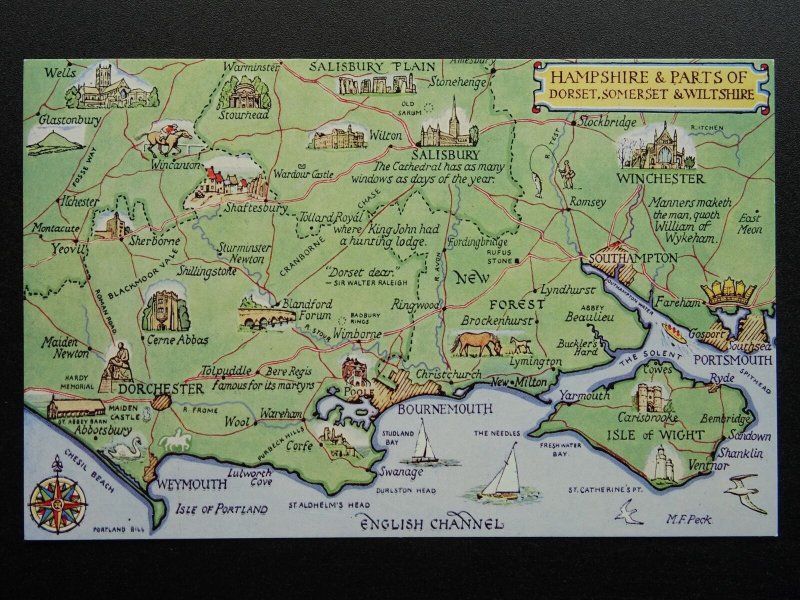 Map Postcard HAMPSHIRE & PARTS of DORSET SOMERSET WILTSHIRE c1960s/70s Postcard