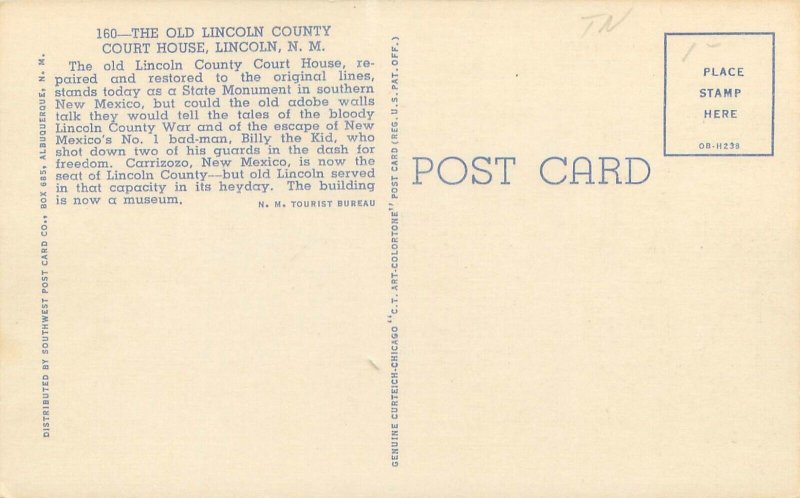 Lincoln NM Old Lincoln County Court House Linen Postcard Unused