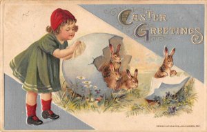 Easter Greetings young girl in dress with bunnies in eggshell antique pc BB1615