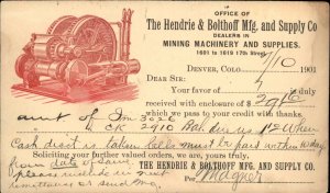 Denver CO Hendrie Bolthoff Mining Machinery Illustrated Postal Card 1901 Used