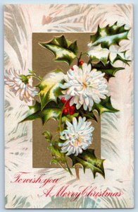 Christmas Postcard Chrysanthemum Flowers Horseshoe Winsch Back Embossed c1910's