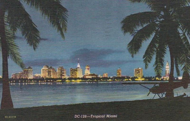 Florida Miami Skyline At Night 1953 Curteich