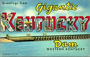 Vtg Linen Postcard Large Letter Greetings From Giant Kentucky Dam Unused UNP Q21