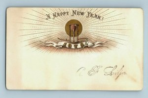 1878 Engraved New Year's Card Sun's Rays Hourglass Fabulous! P161