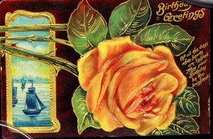 Birthday~GORGEOUS YELLOW ROSE~SAILBOATS~GOLD EMBOSS Antique GEL Postcard~Germany