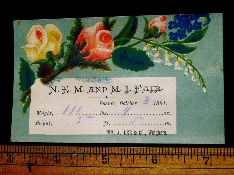 1881 Boston, N.E.M. & M.I. Fair Guess Your Weight Victorian Trade Card F6