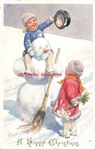 Karl Feiertag, Faulkner No 1154-4, Christmas, Boy Sits on Snowman's Shoulders